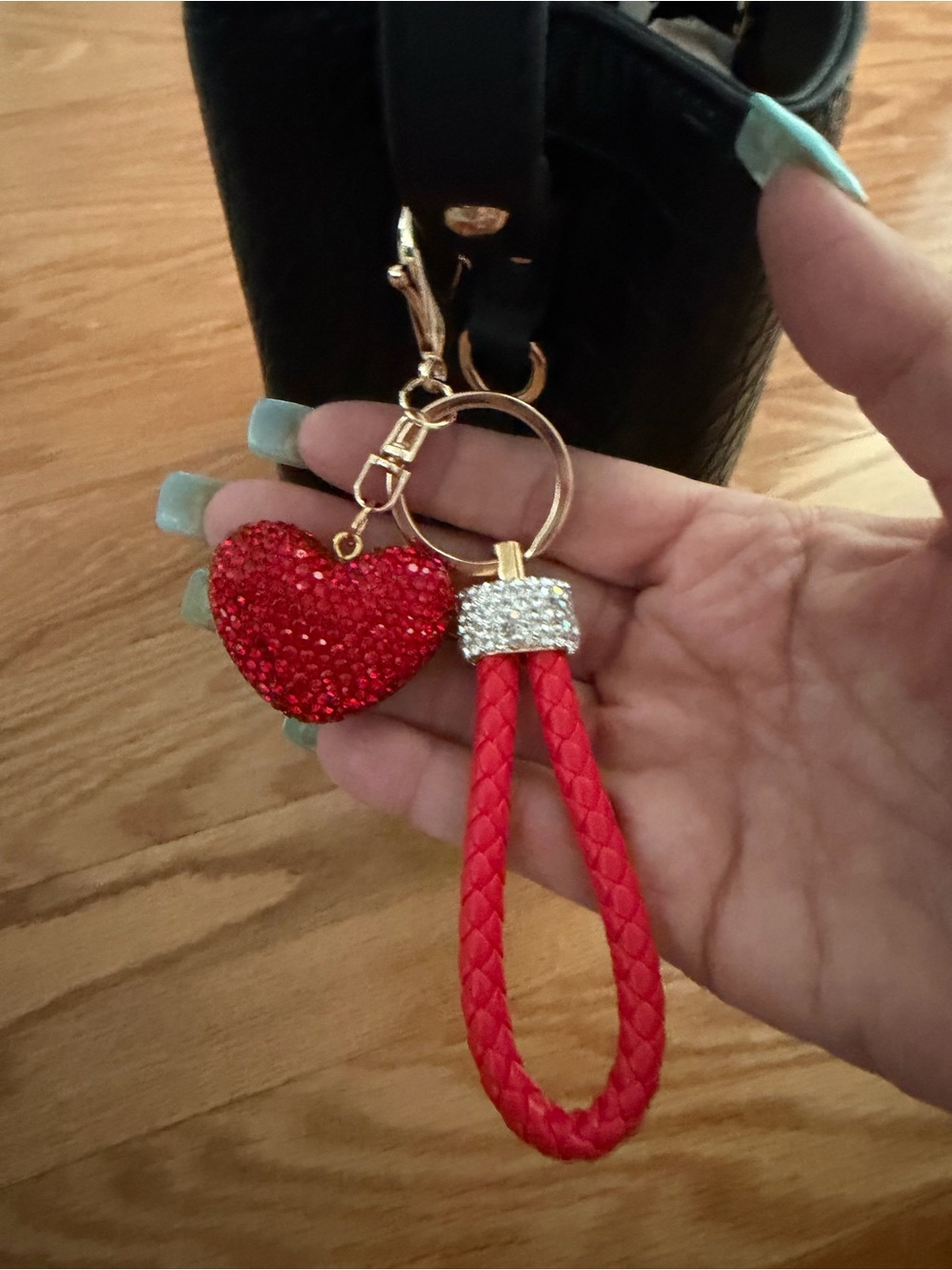 Source Unknown Red Crystal Heart Keychain with Braided Loop and Gold Hardware